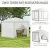 A white gazebo set up on a green lawn, with chairs and a table inside. The image also shows close-ups of the gazebo's features. Produktbild-Vorschau