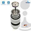 An exploded view of a sink strainer basket assembly with accompanying text and logos. Produktbild-Vorschau