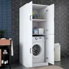 A white laundry cabinet with a washing machine inside, placed in a bathroom with a geometric tiled wall. Produktbild-Vorschau