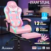 A pink gaming chair with LED lights and a footrest, displayed in a room setting with a desk and computer. Produktbild-Vorschau