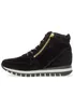 A side view of a black suede high-top sneaker with a gold zipper. Produktbild-Vorschau