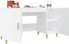 A white desk with two side cabinets, one open, showing shelves. There is a drawer in the center. Decorative items are on top of the left cabinet. Anteprima dell’immagine prodotto