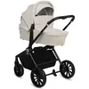 A studio shot of a beige and black baby stroller. Voir les images du produit