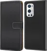 A black flip-style phone case for a OnePlus 9 Pro is shown, with the phone inside the case on the right side of the image. Produktbild-Vorschau