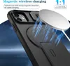 A black phone case with a magnetic wireless charger attached, with blue light effects indicating charging. Produktbild-Vorschau