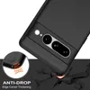 A black phone case is shown at an angle, with a close-up inset showing its corner protection. The background is dark and textured, suggesting a drop. Produktbild-Vorschau