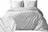 A white satin striped duvet cover and two pillowcases are neatly arranged on a bed. Produktbild-Vorschau