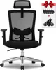 A black ergonomic office chair with a headrest and armrests is shown against a white background. To the right, a graphic displays a red bow on a white gift box, with a set of black casters above a plus sign and another set of casters below. Produktbild-Vorschau