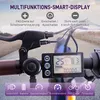 Close-up of an electric bike's handlebar display and controls, with overlaid text and icons explaining features. Produktbild-Vorschau