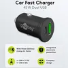 A black car fast charger with dual USB ports, shown with feature callouts. Anteprima dell’immagine prodotto