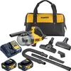 A DeWalt cordless vacuum cleaner kit with accessories, batteries, charger, and a carrying bag, displayed on a white background. Anteprima dell’immagine prodotto
