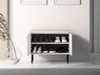 A shoe cabinet with two doors, open to reveal shoes on two shelves. A vase with a plant is to the left. Náhľad obrázku produktu