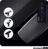 Close-up of a black gaming chair armrest with diagrams illustrating adjustment features and a text overlay listing adjustment types. Voir les images du produit