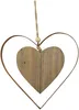 A decorative heart-shaped ornament with a metal outer frame and a wooden inner heart, suspended by a rope. Produktbild-Vorschau