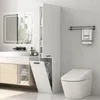 A modern bathroom scene featuring a toilet, vanity, and a tall storage cabinet with a laundry hamper. Náhled obrázku produktu