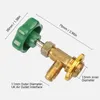 A brass valve with a green handle, with dimensions and interface details indicated by text overlays. Podgląd zdjęcia produktu