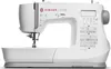 A white computerized sewing machine is shown from the front on a white background. Produktbild-Vorschau