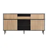 A modern sideboard with a wooden top and slatted wooden doors, set against a white background. Produktbild-Vorschau