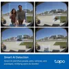 A collage of four images showing a smart doorbell camera's AI detection features, with a blue banner at the bottom containing text and a logo. Produktbild-Vorschau