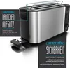 Product image of a silver and black toaster with marketing text overlays. Voir les images du produit