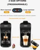 A marketing image showing two coffee machines with text and graphics explaining size options and recommended cup heights. Produktbild-Vorschau