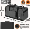 A gray duffel bag with dimensions and features highlighted by text and icons. Produktbild-Vorschau