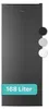 A tall, dark gray refrigerator is shown standing upright against a white background. There is a turquoise band across the bottom of the refrigerator with white text. To the right of the refrigerator, there are three circles in decreasing size, showing the  Produktbild-Vorschau