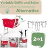 A collage of images showing a red laundry basket with a stand, illustrations of laundry on a clothesline, and diagrams demonstrating proper posture for lifting. Produktbild-Vorschau