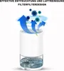 A small white dehumidifier with a clear water reservoir, showing blue arrows indicating air purification and dehumidification. Produktbild-Vorschau