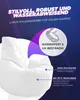 A white beanbag chair with marketing text and graphics highlighting its features. Produktbild-Vorschau