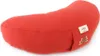 A red crescent-shaped cushion, likely for meditation or yoga, is shown against a white background. A small label with a logo and a leaf design is attached to the side. Produktbild-Vorschau