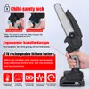 A hand holding a mini chainsaw with marketing text and icons describing its features. Produktbild-Vorschau