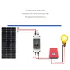 Diagram showing a solar panel connected to a circuit breaker, then to a red inverter, and finally to a light bulb. Náhled obrázku produktu