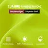 A close-up of bright green fabric with text overlays highlighting product features. Produktbild-Vorschau