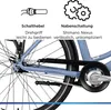 Close-up of the rear wheel and drivetrain of a light blue bicycle, with text overlays describing its features. Produktbild-Vorschau