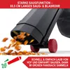 Close-up of a leaf blower with leaves being sucked into it, with marketing text overlay. Produktbild-Vorschau