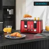 A kitchen counter setting with a red toaster, croissants, blueberries, and orange juice. Produktbild-Vorschau