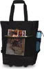 A black quilted tote bag with wheels, featuring a magazine and a water bottle in its pockets. Náhľad obrázku produktu