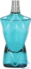 A clear, front-facing studio shot of a blue glass perfume bottle with a silver cap. Voir les images du produit