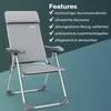 A grey folding garden chair with text features listed on the right side. Produktbild-Vorschau