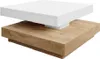 A modern coffee table with a white top and a wood-grain base. Produktbild-Vorschau