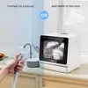 The image shows two ways to connect a portable dishwasher: connecting to a faucet or adding water to the tank. The dishwasher is shown with dishes inside. Produktbild-Vorschau
