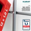 Close-up of a red bottle crate and a gray metal frame, with text overlays and a test seal. Produktbild-Vorschau