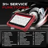 A red OBD2 diagnostic tool is shown in front of a car's brake system, with a list of functions displayed on the tool's screen and below the image. Produktbild-Vorschau
