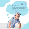 A baby in a blue outfit crawling on a white surface, with a thought bubble containing text about a mattress. Produktbild-Vorschau