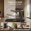 A collage showing a treadmill in different states and locations, including a close-up of its structure, a person storing it, and a person using it in a living room. Produktbild-Vorschau