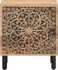 A close-up, front-facing view of a single wooden nightstand with intricate carvings on the drawer front and dark legs. Produktbild-Vorschau