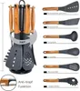 A set of kitchen utensils displayed on a rotating stand, with individual utensils shown separately with labels. Produktbild-Vorschau