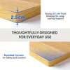 Close-up views of a desk's edge, highlighting its thickness and rounded corners, with accompanying text describing its features. Voir les images du produit