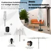 Collage of images showing details of a double patio umbrella and its setup, with a lifestyle shot of a patio scene in the background. Náhled obrázku produktu
